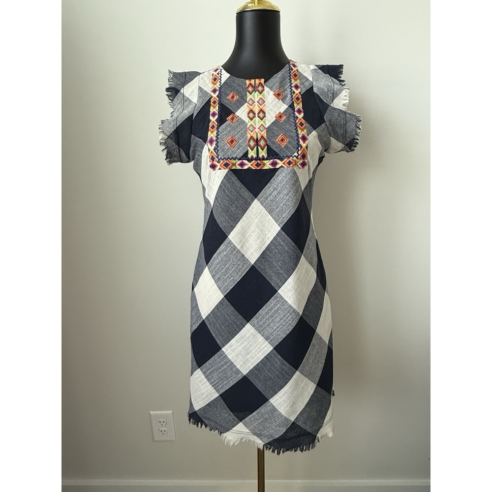 THML Buffalo Check Plaid Navy White Embroidered Sheath Dress Size Small